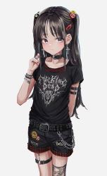 Rule 34 | 1girl, absurdres, arm behind back, bad id, bad twitter id, belt, belt collar, black belt, black shirt, black shorts, blush, bracelet, brown hair, chain, closed mouth, clothes writing, collar, cowboy shot, cross, cross earrings, dot nose, earrings, fingernails, gishiki (gshk), goth fashion, hair ornament, hairclip, hand up, highres, jewelry, latin cross, long hair, looking at viewer, nail polish, o-ring, original, purple eyes, red nails, ring, shirt, short shorts, short sleeves, shorts, simple background, smiley face, solo, studded belt, studded bracelet, thigh strap, twintails, white background