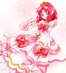 Rule 34 | 1girl, absurdres, akagi towa, bad id, bad pixiv id, bow, brooch, cowboy shot, dress, dress bow, female focus, frills, go! princess precure, gradient background, highres, jewelry, looking at viewer, precure, red bow, red eyes, red hair, sharumon, short hair, smile, solo, tiara, waist bow, white background