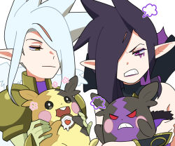 Rule 34 | 2girls, angry, armor, bare shoulders, black hair, clenched teeth, closed mouth, creatures (company), doughnut, food, game freak, gen 8 pokemon, gold armor, hair over one eye, hiyari (hiyarilol), holding, holding food, holding pokemon, kayle (league of legends), league of legends, morgana (league of legends), morpeko, morpeko (full), morpeko (hangry), multiple girls, nintendo, pink eyes, pointy ears, pokemon, pokemon (creature), shoulder armor, siblings, simple background, sisters, smug, teeth, upper body, white background, white hair