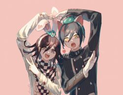 Rule 34 | 2boys, ahoge, animal ear hairband, animal ears, arm belt, arm up, belt, black hair, black jacket, black scarf, black sleeves, blue flower, blue hairband, buttons, cat ear hairband, cat ears, chain, checkered clothes, checkered scarf, collared jacket, commentary, crest, danganronpa (series), danganronpa v3: killing harmony, double-breasted, eyelashes, fake animal ears, fingernails, floppy ears, flower, fluffy, hair flower, hair ornament, hairband, heart, high collar, highres, jacket, layered sleeves, lemontea, long sleeves, male focus, multicolored buttons, multiple belts, multiple boys, oma kokichi, open mouth, palms, pink background, pinstripe jacket, pinstripe pattern, pocket, purple eyes, purple hair, rabbit ear hairband, rabbit ears, saihara shuichi, scarf, short hair, signature, simple background, symbol-only commentary, teeth, two-tone scarf, upper body, v, vertical-striped sleeves, white belt, white hairband, white jacket, white scarf, yellow eyes