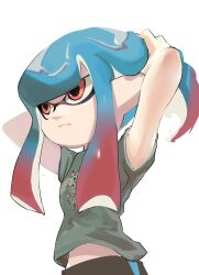 Rule 34 | 1girl, absurdres, arms up, band shirt, blue hair, blunt bangs, closed mouth, expressionless, gradient hair, grey shirt, highres, holding, holding own hair, inkling, koike3582, light blue hair, long hair, merchandise, multicolored hair, nintendo, omega-chan (splatoon), red eyes, red hair, shirt, short sleeves, simple background, single vertical stripe, solo, splatoon (manga), splatoon (series), t-shirt, tentacle hair, two-tone hair, white background