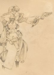 Rule 34 | 1girl, ahoge, aiming, beige background, belt, bow, bowtie, braid, buttons, capelet, concept art, dual wielding, from side, fur trim, gloves, gun, hairband, handgun, holding, crossed legs, long hair, long sleeves, monochrome, official art, ooba wakako, outstretched arm, serious, simple background, single braid, solo, standing, third-party source, virginia maxwell, weapon, wild arms, wild arms 3