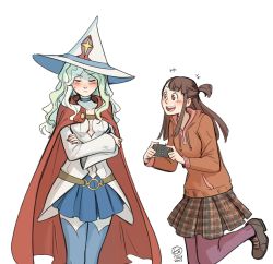 Rule 34 | 2girls, blush, cape, diana cavendish, embarrassed, excited, closed eyes, hat, highres, kagari atsuko, little witch academia, multiple girls, navel, ticcy, witch hat