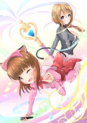 Rule 34 | 10s, 2girls, ;d, animal ears, bent over, blazer, blue gemstone, blunt bangs, blush, bow, breasts, brown eyes, brown hair, business suit, cat ears, cat tail, center frills, clenched hand, closed mouth, clothing cutout, dress, dual persona, fang, floating hair, formal, frills, from side, full body, gem, glasses, gradient background, hair bow, hair ornament, hair over shoulder, hair scrunchie, hairband, hand on own chest, hand up, happy, heart, hidemu, highres, holding, holding microphone, impossible clothes, impossible dress, jacket, light brown hair, light smile, long hair, long sleeves, looking at viewer, looking back, low ponytail, microphone, multiple girls, nekohime, netoge no yome wa onna no ko janai to omotta?, one eye closed, open hands, open mouth, orange eyes, outstretched arm, pant suit, pants, paw pose, pink bow, pink dress, ponytail, purple eyes, rainbow gradient, red bow, rimless eyewear, saitou yui, scrunchie, smile, sparkle, suit, tail, tail through clothes, wand