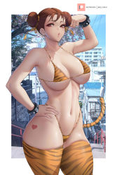 Rule 34 | 1girl, 2022, absurdres, arm up, bare arms, bare shoulders, border, bracelet, breasts, brown eyes, brown hair, building, capcom, cherry blossoms, chun-li, collarbone, commentary request, cowboy shot, double bun, forehead, hair between eyes, hair bun, hand on own hip, heart, highleg, highleg panties, highres, jewelry, large breasts, looking to the side, melowh, navel, outdoors, panties, parted lips, patreon username, revealing clothes, short hair, sky, solo, spiked bracelet, spikes, stomach, street fighter, string bra, string panties, tail, tattoo, thick thighs, thighhighs, thighs, tiger, tiger stripes, toned, underwear, white border