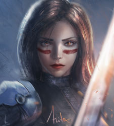 Rule 34 | 1girl, alita, armor, battle angel alita, blood, blood on face, blurry, bodysuit, brown eyes, brown hair, character name, depth of field, grey background, highres, lips, long hair, pauldrons, shoulder armor, signature, solo, upper body, zed (trungbui42)