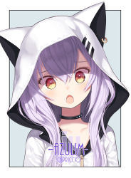Rule 34 | 1girl, :o, animal hood, artist name, azuma lim, azuma lim channel, capriccio, character name, collar, collarbone, hair between eyes, head tilt, hood, hoodie, light purple hair, long hair, looking at viewer, multicolored eyes, open mouth, red eyes, solo, virtual youtuber, yellow eyes