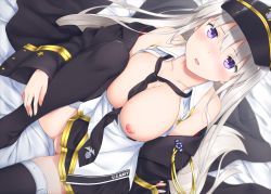Rule 34 | 1girl, azur lane, bed sheet, between breasts, black necktie, black thighhighs, blush, breasts, breasts out, coat, collarbone, collared shirt, dutch angle, enterprise (azur lane), hair between eyes, hat, kirisawa shinji, knee up, large breasts, long hair, looking at viewer, military hat, necktie, necktie between breasts, nipples, no panties, no pussy, off shoulder, open clothes, open mouth, open shirt, purple eyes, shirt, silver hair, sitting, solo, straight hair, thighhighs