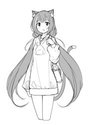 Rule 34 | 1girl, :o, animal ear fluff, animal ears, bag, blush, cat ears, cat girl, cat tail, copyright request, cropped legs, dress, fang, greyscale, hand up, long hair, long sleeves, low twintails, monochrome, multicolored hair, open mouth, puffy long sleeves, puffy sleeves, saiste, short dress, shoulder bag, simple background, sketch, solo, streaked hair, tail, twintails, very long hair, white background