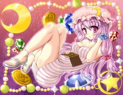 Rule 34 | 1girl, :o, bare legs, book, chemise, crescent, female focus, gem, hand in own hair, hat, high heels, hiiragi tomoka, legs, long hair, looking at viewer, patchouli knowledge, pink hair, purple eyes, purple hair, remilia scarlet, sandals, shoes, solo, strap slip, touhou