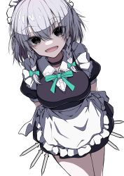 Rule 34 | 1girl, absurdres, apron, black eyes, blue dress, bow, bowtie, braid, breasts, choker, collared shirt, dress, empty eyes, eyes visible through hair, green bow, green bowtie, hair between eyes, hair bow, hair ribbon, hands up, highres, izayoi sakuya, knife, large breasts, looking at viewer, maid, maid headdress, open mouth, pink background, puffy short sleeves, puffy sleeves, ribbon, roman numeral, shirt, short hair, short sleeves, silver hair, simple background, smile, solo, standing, touhou, tress ribbon, twin braids, weapon, white apron, white background, white shirt, yonoisan