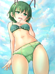 Rule 34 | 1girl, adworse, alternate costume, antennae, bikini, blue sky, blush, breasts, cloud, commentary request, cowboy shot, frilled bikini, frills, from below, green bikini, green eyes, green hair, hair between eyes, looking at viewer, looking down, midriff, navel, open mouth, short hair, sky, small breasts, solo, swimsuit, touhou, wriggle nightbug