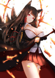 Rule 34 | 1girl, absurdres, akagi (azur lane), an yasuri, animal ears, azur lane, bad id, bad pixiv id, black gloves, breasts, brown hair, cleavage, collarbone, cowboy shot, floating hair, fox ears, fox tail, gloves, head tilt, highres, large breasts, long hair, looking at viewer, miniskirt, multiple tails, parted lips, pleated skirt, red eyes, red skirt, skirt, smile, solo, standing, tail, very long hair, white background