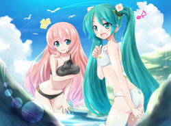 Rule 34 | 2girls, :d, ^^^, aqua eyes, aqua hair, bad id, bad pixiv id, bare shoulders, bikini, bird, blue eyes, breast hold, breasts, cloud, day, fang, flower, hair flower, hair ornament, hatsune miku, komone ushio, leaning forward, lens flare, long hair, medium breasts, megurine luka, multiple girls, musical note, open mouth, outdoors, pink hair, sky, small breasts, smile, swimsuit, twintails, very long hair, vocaloid, wading, wardrobe malfunction, water