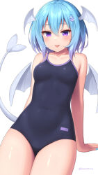Rule 34 | 1girl, bat wings, blue hair, blue nails, blush, commentary request, demon girl, demon tail, head wings, highres, one-piece swimsuit, original, purple eyes, sasaame, short hair, solo, swimsuit, tail, tongue, tongue out, white wings, wings