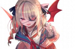 Rule 34 | 1girl, blonde hair, blunt bangs, commentary request, eyepatch, eyes visible through hair, fangs, highres, lack, looking at viewer, makaino ririmu, multicolored hair, nijisanji, official art, open mouth, pointy ears, red eyes, red hair, simple background, solo, streaked hair, tongue, twintails, two-tone hair, upper body, virtual youtuber, white background, wings