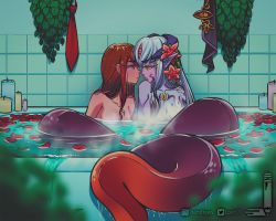 Rule 34 | 2girls, alipheese fateburn xvi, artist name, bath, bathtub, breasts, candle, commentary, commentary request, commission, completely nude, crossover, demon horns, english commentary, eye contact, flower, hair flower, hair ornament, highres, horns, imminent kiss, instagram logo, instagram username, interspecies, lamia, loen, long hair, looking at another, makise kurisu, mixed-language commentary, mon-musu quest!, monster girl, multiple girls, necktie, unworn necktie, nude, petals, second-party source, skirt, unworn skirt, steam, steins;gate, tail, tattoo, twitter logo, twitter username, water, yuri
