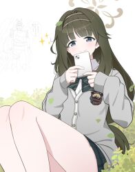 Rule 34 | 1girl, blue archive, blue eyes, brown hair, bush, cellphone, character request, closed mouth, commentary request, hair ornament, halo, headband, holding, holding phone, hoshino ouka, leaf, looking at viewer, phone, school uniform, shiina tsumugi, simple background, smile, solo, thighs, translation request, white background