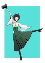 Rule 34 | 10s, 1girl, ahoge, arm up, birii, black hair, boots, commentary, full body, furisode, green eyes, green hakama, hakama, hakama skirt, hat, high heel boots, high heels, hip vent, holding, holding clothes, holding hat, japanese clothes, kantai collection, kimono, leg up, looking at viewer, matsukaze (kancolle), meiji schoolgirl uniform, mini hat, mini top hat, outstretched arms, short hair, simple background, skirt, smile, solo, swept bangs, top hat, unworn hat, unworn headwear, wavy hair