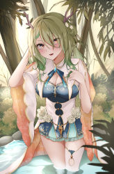 Rule 34 | 1girl, absurdres, antlers, blush, braid, braided bangs, branch, breasts, ceres fauna, cleavage, cleavage cutout, clothing cutout, flower, forest, green hair, hair over one eye, hand in own hair, highres, hololive, hololive english, horns, large breasts, leaning forward, long hair, looking at viewer, mole, mole under eye, nature, playing with own hair, rose, solo, takida 185, teeth, thighs, tree, virtual youtuber, wading, water, white flower, white rose, wide sleeves