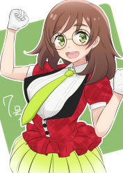 Rule 34 | 1girl, blouse, blush, breasts, brown hair, collared shirt, glasses, gloves, green background, green eyes, green neckwear, green skirt, green theme, hair between eyes, highres, idol, jacket, large breasts, looking at viewer, medium hair, open mouth, red jacket, shirt, short sleeves, skirt, smile, solo, teeth, teina, white background, white gloves, white shirt, yuzuriha maimai, zombie land saga