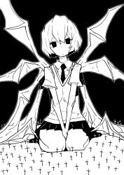 Rule 34 | 1girl, ayanami rei, between legs, bright pupils, closed mouth, collared shirt, commentary request, cross, demon wings, dowman sayman, the end of evangelion, expressionless, giant, giantess, greyscale, hand between legs, highres, looking at viewer, monochrome, multiple wings, necktie, neon genesis evangelion, no shoes, outline, pleated skirt, school uniform, seiza, shirt, short hair, short sleeves, simple background, sitting, skirt, socks, solo, sweater vest, v arms, wings