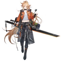 Rule 34 | 1girl, belt, black gloves, black pants, blonde hair, blouse, boots, carabiner, choker, collarbone, compass, cropped jacket, fingerless gloves, full body, fur-trimmed jacket, fur trim, game cg, girls&#039; frontline, girls&#039; frontline neural cloud, gloves, grin, highres, huge weapon, jacket, jewelry, knee pads, long hair, looking at viewer, messy hair, midriff, navel, necklace, official art, open clothes, open jacket, orange jacket, pants, ponytail, rope, scar, scar on stomach, shirt, smile, sol (neural cloud), solo, sword, t-shirt, transparent background, very long hair, weapon, white shirt, yellow eyes