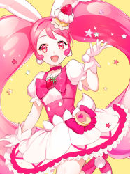 Rule 34 | 10s, 1girl, :d, animal ears, bad id, bad pixiv id, rabbit ears, cake hair ornament, choker, cure whip, earrings, extra ears, food, food-themed hair ornament, fruit, gloves, hair ornament, heart, heart in eye, kirakira precure a la mode, long hair, looking at viewer, magical girl, open mouth, pink eyes, pink hair, pom pom (clothes), pom pom earrings, precure, shiba 0, simple background, smile, solo, star (symbol), strawberry, symbol in eye, twintails, usami ichika, white gloves, yellow background