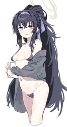 Rule 34 | 1girl, bikini, black bikini, black hair, blue archive, blue eyes, blue hairband, blush, breasts, unworn eyewear, glasses, hairband, halo, hei (tonarinohey), highres, holding, holding removed eyewear, jewelry, long hair, looking at viewer, navel, necklace, official alternate costume, ponytail, simple background, small breasts, solo, swimsuit, ui (blue archive), ui (swimsuit) (blue archive), white background
