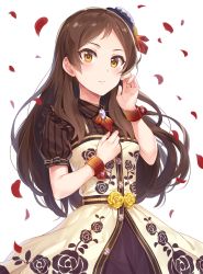 Rule 34 | 1girl, bad id, bad pixiv id, black hat, blush, brooch, brown dress, brown eyes, brown hair, closed mouth, collared dress, commentary request, cowboy shot, dress, expressionless, floral print, flower, frilled dress, frills, glint, hand on own chest, hands up, hat, highres, idolmaster, idolmaster million live!, idolmaster million live! theater days, jewelry, kitazawa shiho, long hair, looking at viewer, mini hat, parted bangs, petals, print dress, rose, rose petals, rose print, short sleeves, solo, standing, striped clothes, striped dress, tilted headwear, tucking hair, vertical-striped clothes, vertical-striped dress, wavy hair, white background, wrist cuffs, yellow flower, yellow rose, yuuhi (ages)