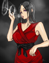 Rule 34 | 0odrosselo0, dress, long hair, looking at viewer, red dress, simple background, sleeveless, smoking