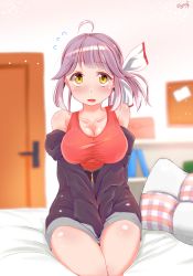 Rule 34 | 1girl, :o, ahoge, alternate breast size, alternate costume, black jacket, blush, breasts, cleavage, commentary request, dated, flying sweatdrops, hair ribbon, hayanami (kancolle), highres, indoors, jacket, kantai collection, komb, large breasts, ponytail, purple hair, red shirt, ribbon, shirt, short hair, sidelocks, signature, sitting, sleeveless, sleeveless shirt, thighs, white ribbon, yellow eyes