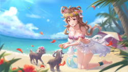 Rule 34 | 1girl, :d, absurdres, ahoge, animal, animal ears, anklet, arknights, bare shoulders, barefoot, bikini, blue sky, breasts, brown hair, collarbone, day, eyjafjalla (arknights), eyjafjalla (summer flower) (arknights), flower, full body, head wreath, highres, holding, holding flower, horns, humiaojun, infection monitor (arknights), jewelry, kneeling, light rays, long hair, necklace, ocean, off-shoulder bikini, off shoulder, official alternate costume, open mouth, outdoors, palm tree, petals, pink bikini, pink flower, plaid, plaid bikini, red eyes, seashell, sheep ears, sheep girl, sheep horns, shell, shell necklace, sky, smile, solo, strapless, strapless bikini, sunbeam, sunlight, swimsuit, swimsuit cover-up, tree, water, yellow flower