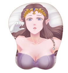 Rule 34 | 1girl, bad id, bad pixiv id, bare shoulders, bed sheet, blue eyes, breast mousepad, breasts, brown hair, collarbone, gloves, large breasts, long hair, mousepad, mousepad (medium), nintendo, open mouth, pointy ears, princess zelda, shirt, simple background, solo, sudakoyarou, taut clothes, taut shirt, the legend of zelda, the legend of zelda: twilight princess, tiara, white gloves