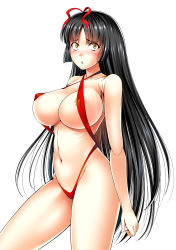 Rule 34 | 1girl, areola slip, black hair, blush, breasts, covered erect nipples, curvy, female focus, gen (genetrix), highres, large breasts, long hair, miko-chan (gen (genetrix)), navel, original, simple background, slingshot swimsuit, solo, standing, swimsuit, tears, very long hair, yellow eyes