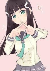 Rule 34 | 1girl, aqua eyes, artist name, artist request, black hair, blunt bangs, blush, breasts, buttons, collarbone, crossed fingers, female focus, green eyes, green neckerchief, green necktie, grey sailor collar, grey skirt, hair ornament, hairclip, kurosawa dia, layered skirt, long hair, long sleeves, looking at viewer, love live!, love live! sunshine!!, miniskirt, mole, mole under mouth, neckerchief, necktie, parted lips, pink background, plaid, plaid skirt, pleated, pleated skirt, sailor collar, school uniform, shirt, skirt, small breasts, smile, solo, sparkle, sweater, tie clip, uranohoshi school uniform, white shirt, white sweater