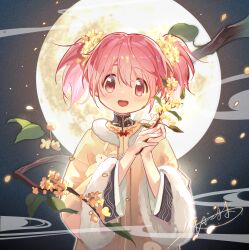 Rule 34 | 1girl, :d, absurdres, alternate costume, animal print, branch, falling petals, flower, full moon, fur-trimmed sleeves, fur trim, hair flower, hair ornament, hands up, highres, holding, holding branch, huge moon, jacket, kaname madoka, leaf, looking at viewer, mahou shoujo madoka magica, moon, night, open mouth, own hands together, petals, pink eyes, pink hair, rabbit print, shan tong tong, short hair, short twintails, signature, smile, solo, twintails, upper body, wide sleeves, yellow flower, yellow jacket