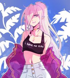 Rule 34 | 1girl, alternate hairstyle, artist name, bad id, bad tumblr id, black shirt, brown eyes, choker, collarbone, commentary, crop top, earrings, english commentary, flat chest, floating hair, hair over one eye, high ponytail, jewelry, long hair, looking at viewer, magilou (tales), mao (expuella), midriff, navel, necklace, pants, pointy ears, purple theme, shirt, silver hair, solo, standing, stomach, tales of (series), tales of berseria, very long hair, white pants
