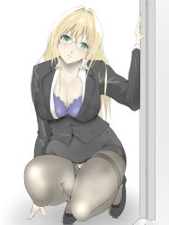 Rule 34 | 1girl, black skirt, blonde hair, blush, bra, breasts, cleavage, feet, female focus, formal, glasses, green eyes, groin, hand up, head tilt, highres, large breasts, legs, light blush, long hair, looking at viewer, panties, pantyhose, pantyshot, parted lips, shoes, simple background, skirt, solo, squatting, suit, tearju lunatique, thighs, to love-ru, unbuttoned, unbuttoned shirt, underwear, wan (13070284), white background