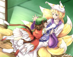 Rule 34 | 2girls, animal ears, animal hat, blonde hair, brown hair, cat ears, cat tail, chen, closed eyes, dress, fox tail, hat, hat with ears, imminent hug, jumping, leglus, long sleeves, mob cap, multiple girls, multiple tails, nekomata, open clothes, open dress, outstretched arms, red dress, shirt, shoes, signature, sitting, smile, socks, tabard, tail, tassel, tatami, touhou, two tails, veranda, white dress, wide sleeves, yakumo ran, yellow eyes
