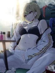 Rule 34 | 1girl, absurdres, airpods, backlighting, bare shoulders, bikini, bikini under clothes, bite mark, black bikini, blonde hair, breasts, cigarette, cleavage, collarbone, couch, day, ear piercing, highres, holding, holding cigarette, indoors, jacket, kangoku meika, long sleeves, medium breasts, nail polish, navel, navel piercing, off shoulder, on floor, open clothes, open jacket, original, panties, parted lips, piercing, red eyes, red nails, short hair, sitting, sleeves past wrists, smoke, solo, spread legs, stomach, swimsuit, table, underwear, white jacket, white panties, wireless earphones
