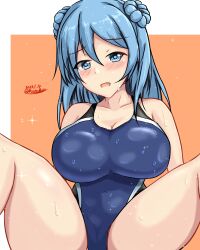 Rule 34 | 1girl, absurdres, blue eyes, blue hair, blue one-piece swimsuit, blush, border, breasts, collarbone, competition swimsuit, dated, double bun, hair bun, highleg, highleg swimsuit, highres, impossible clothes, impossible swimsuit, kantai collection, large breasts, medium hair, montemasa, one-piece swimsuit, open mouth, orange background, sitting, solo, swimsuit, twitter username, two-tone swimsuit, urakaze (kancolle), wet, wet clothes, wet swimsuit, white border