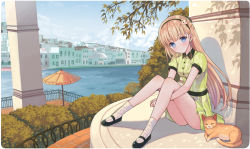 Rule 34 | 1girl, animal, black footwear, black hairband, blonde hair, blue eyes, blush, breasts, building, bush, cat, cat hair ornament, cityscape, closed mouth, cloud, cloudy sky, commentary request, day, dress, green dress, hair ornament, hairband, head tilt, long hair, medium breasts, original, outdoors, parasol, puffy short sleeves, puffy sleeves, railing, river, shoes, short sleeves, sitting, sky, smile, socks, solo, umbrella, very long hair, water, white socks, yuuki rika