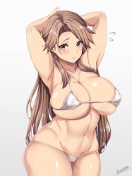 Rule 34 | 1girl, areola slip, armpits, arms up, artist name, bikini, blush, breasts, brown eyes, brown hair, cleavage, covered erect nipples, curvy, flying sweatdrops, granblue fantasy, grey background, highres, katalina (granblue fantasy), large breasts, lips, long hair, looking at viewer, moisture (chichi), navel, signature, skindentation, solo, swimsuit, thighs, very long hair, white background, white bikini, wide hips