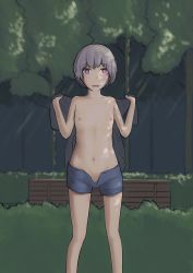 Rule 34 | 1girl, absurdres, bench, blue shorts, blush, bush, chipcat, collarbone, exhibitionism, feet out of frame, flat chest, highres, looking at viewer, navel, nipples, no panties, open clothes, original, park, park bench, parted lips, public indecency, purple eyes, unworn shirt, short hair, short shorts, shorts, silver hair, solo, standing, topless, tree, unzipped, w arms