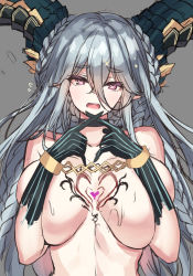 Rule 34 | 1girl, braid, breasts, cenangam, chest tattoo, choker, covering breasts, covering privates, crossed bangs, curled horns, elbow gloves, fate/grand order, fate (series), gloves, grey background, hair between eyes, highres, horns, large breasts, long horns, looking at viewer, nude, open mouth, pointy ears, striped clothes, striped gloves, symbol-shaped pupils, tattoo, tiamat (fate), topless, upper body, vertical-striped clothes, vertical-striped gloves