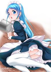 Rule 34 | 1girl, alternate costume, ass, blue dress, blue eyes, blue hair, bucket, chestnut mouth, commentary request, dress, enmaided, feet out of frame, floor, frilled dress, frills, gradient hair, kantai collection, long hair, maid, maid headdress, multicolored hair, panties, pantyshot, samidare (kancolle), solo, spill, swept bangs, thighhighs, twitter username, underwear, very long hair, water, white panties, white thighhighs, wooden floor, yokoshima (euphoria)