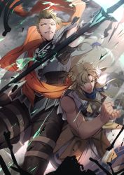 Rule 34 | 2boys, achilles (fate), armor, bare shoulders, brown hair, chiron (fate), fate/apocrypha, fate (series), glowing, glowing eyes, green eyes, highres, leather skirt, long hair, male focus, manly, multiple boys, no-kan, orange scarf, polearm, scarf, smile, spear, weapon, yellow eyes