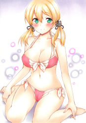 Rule 34 | 1girl, alternate costume, anchor hair ornament, barefoot, bikini, blonde hair, breasts, cleavage, front-tie top, full body, gradient background, green eyes, hair ornament, highres, kantai collection, large breasts, looking at viewer, low twintails, pink bikini, prinz eugen (kancolle), saya pr, side-tie bikini bottom, sitting, smile, solo, swimsuit, traditional media, twintails, wariza, white background
