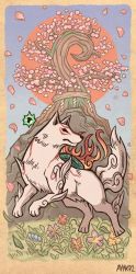 Rule 34 | amaterasu (ookami), animal focus, artist name, ayyk92, cherry blossoms, commentary, english commentary, flower, issun, ookami (game), outdoors, reflector (ookami), shide, signature, tree, white wolf, wolf